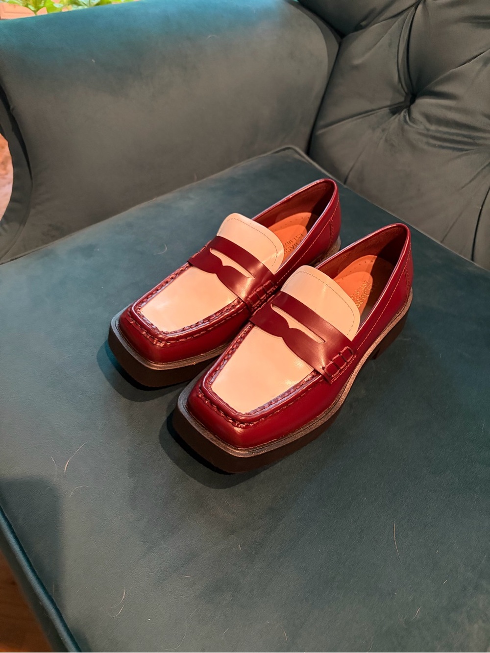Two-Tone Burgundy and White Leather Penny Loafers